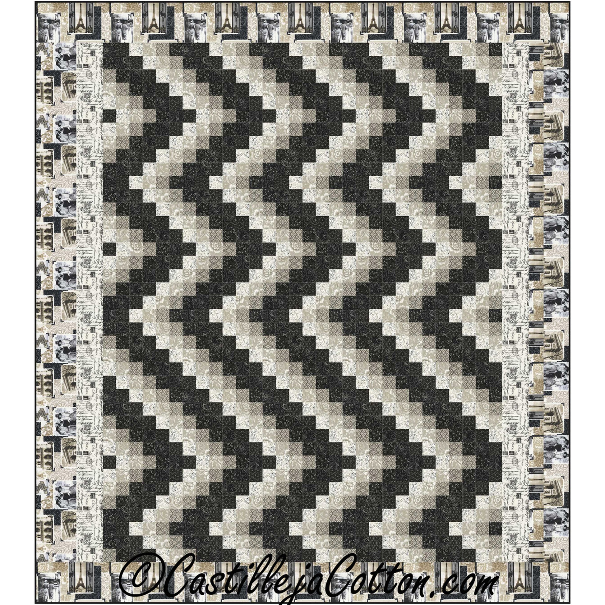 Quilt with a geometric pattern featuring black and beige colors, branded 'Castile & Co.'
