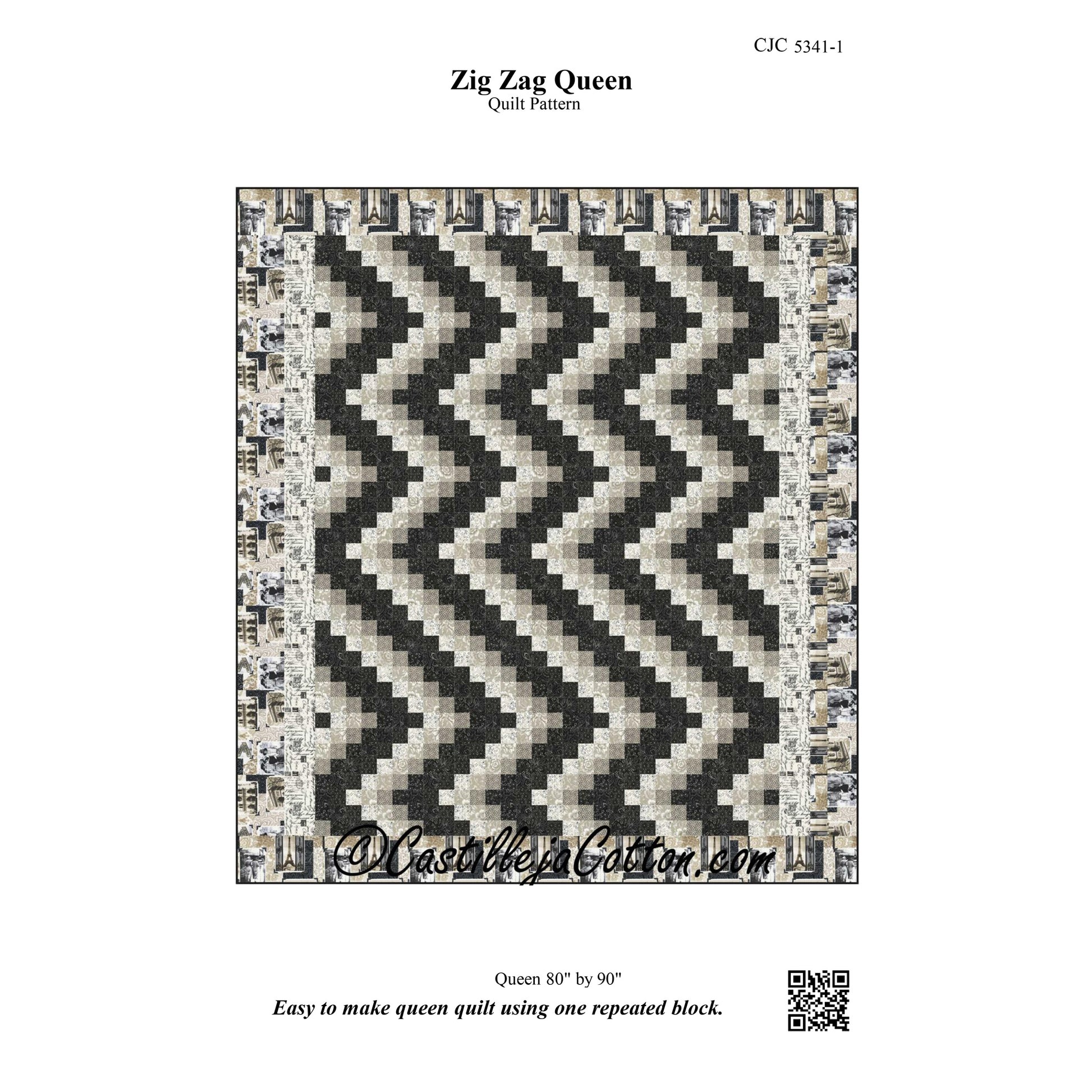 Zig Zag Queen quilt pattern with chevron design on a white background