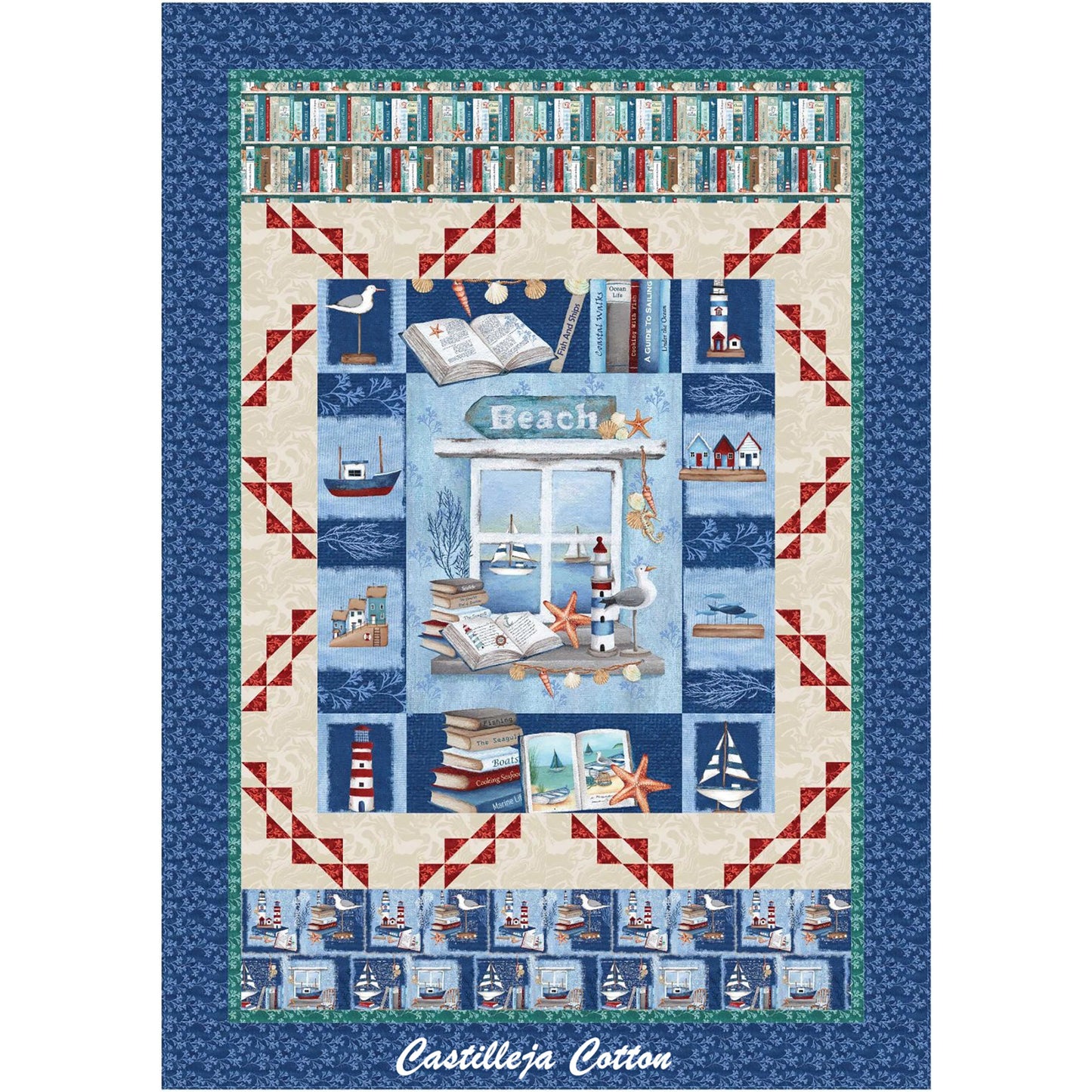 Beach Reads Twin quilt uses a panel and bird border blocks. The panel shows a window looking out on a waterway with sale boats and books and nautical items in front. Top border includes a books fabric and the bottom a similar books and nautical fabric.