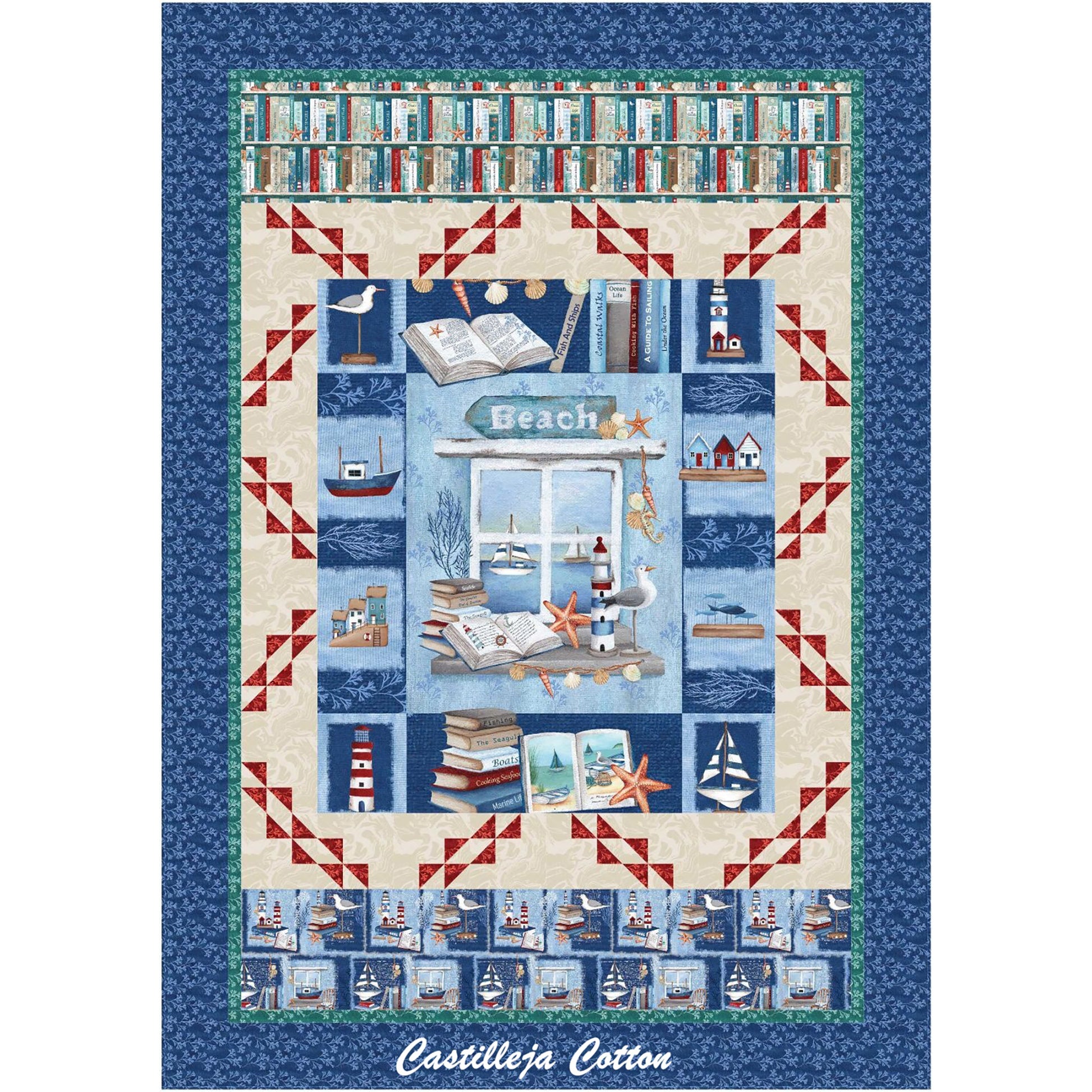 Beach Reads Twin quilt uses a panel and bird border blocks. The panel shows a window looking out on a waterway with sale boats and books and nautical items in front. Top border includes a books fabric and the bottom a similar books and nautical fabric.