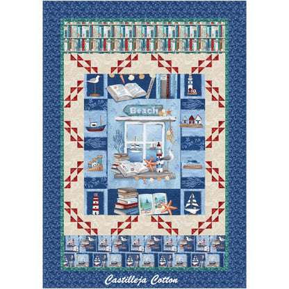 Beach Reads Twin quilt uses a panel and bird border blocks. The panel shows a window looking out on a waterway with sale boats and books and nautical items in front. Top border includes a books fabric and the bottom a similar books and nautical fabric.