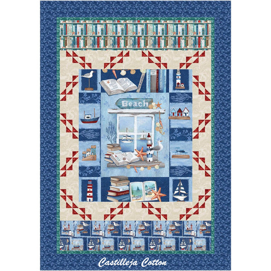 Beach Reads Twin quilt uses a panel and bird border blocks. The panel shows a window looking out on a waterway with sale boats and books and nautical items in front. Top border includes a books fabric and the bottom a similar books and nautical fabric.