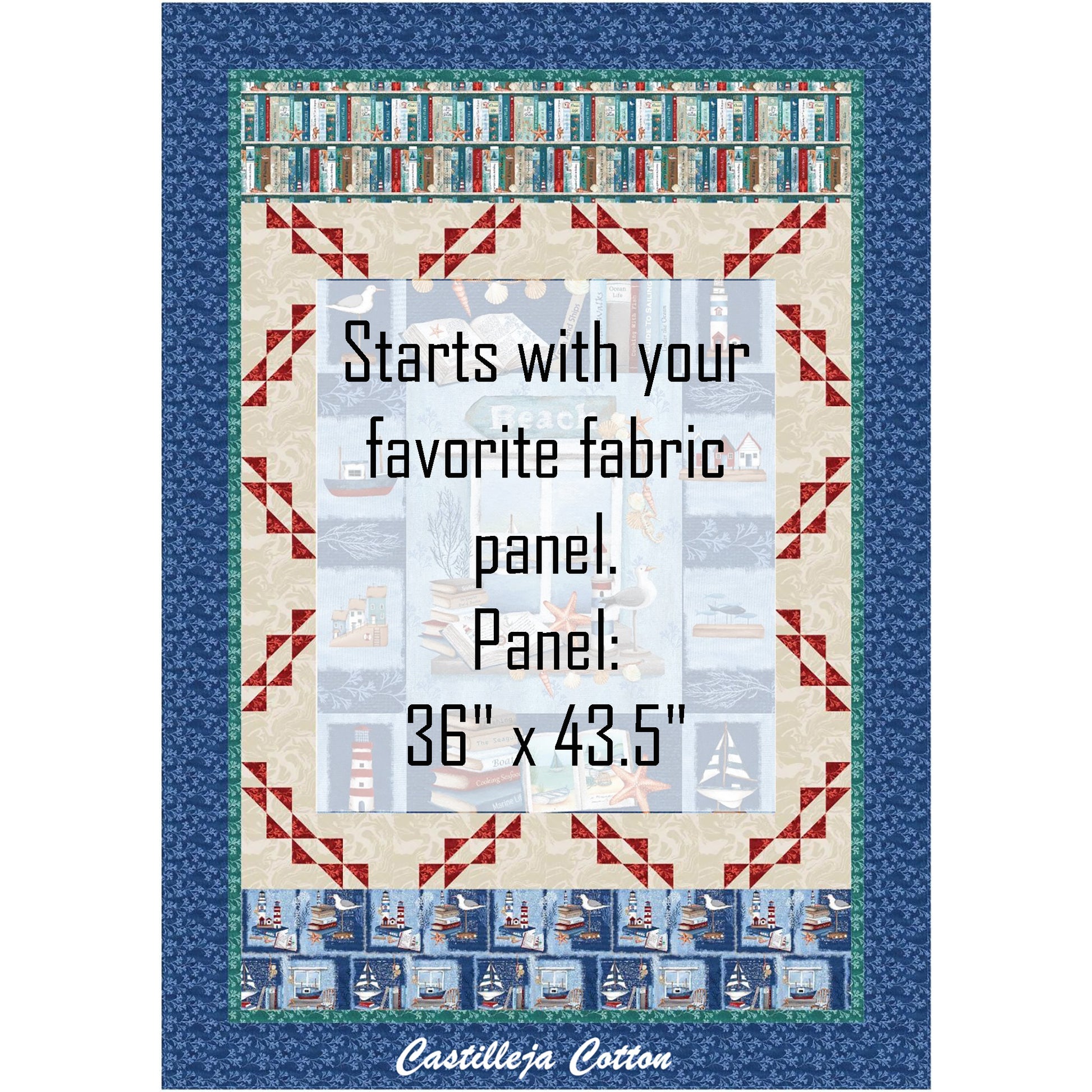 Beach Reads Twin quilt uses a panel and bird border blocks. The panel shows a window looking out on a waterway with sale boats and books and nautical items in front. Top border includes a books fabric and the bottom a similar books and nautical fabric. The middle panel is whited out to show where you can add your own panel.
