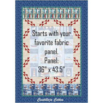 Beach Reads Twin quilt uses a panel and bird border blocks. The panel shows a window looking out on a waterway with sale boats and books and nautical items in front. Top border includes a books fabric and the bottom a similar books and nautical fabric. The middle panel is whited out to show where you can add your own panel.