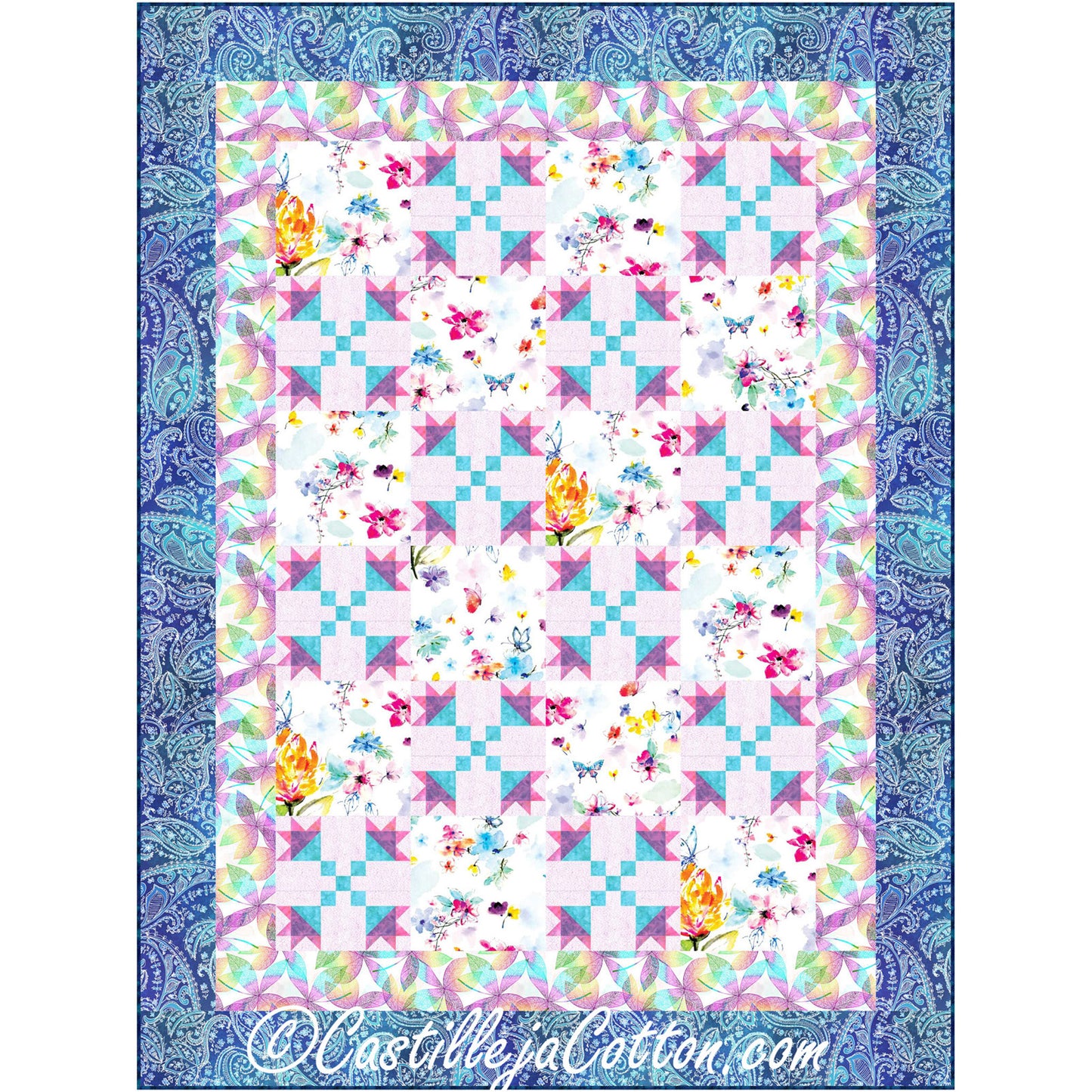 Colorful quilt with floral and butterfly patterns on a blue paisley border, featuring the brand 'Castilleja Cotton'.