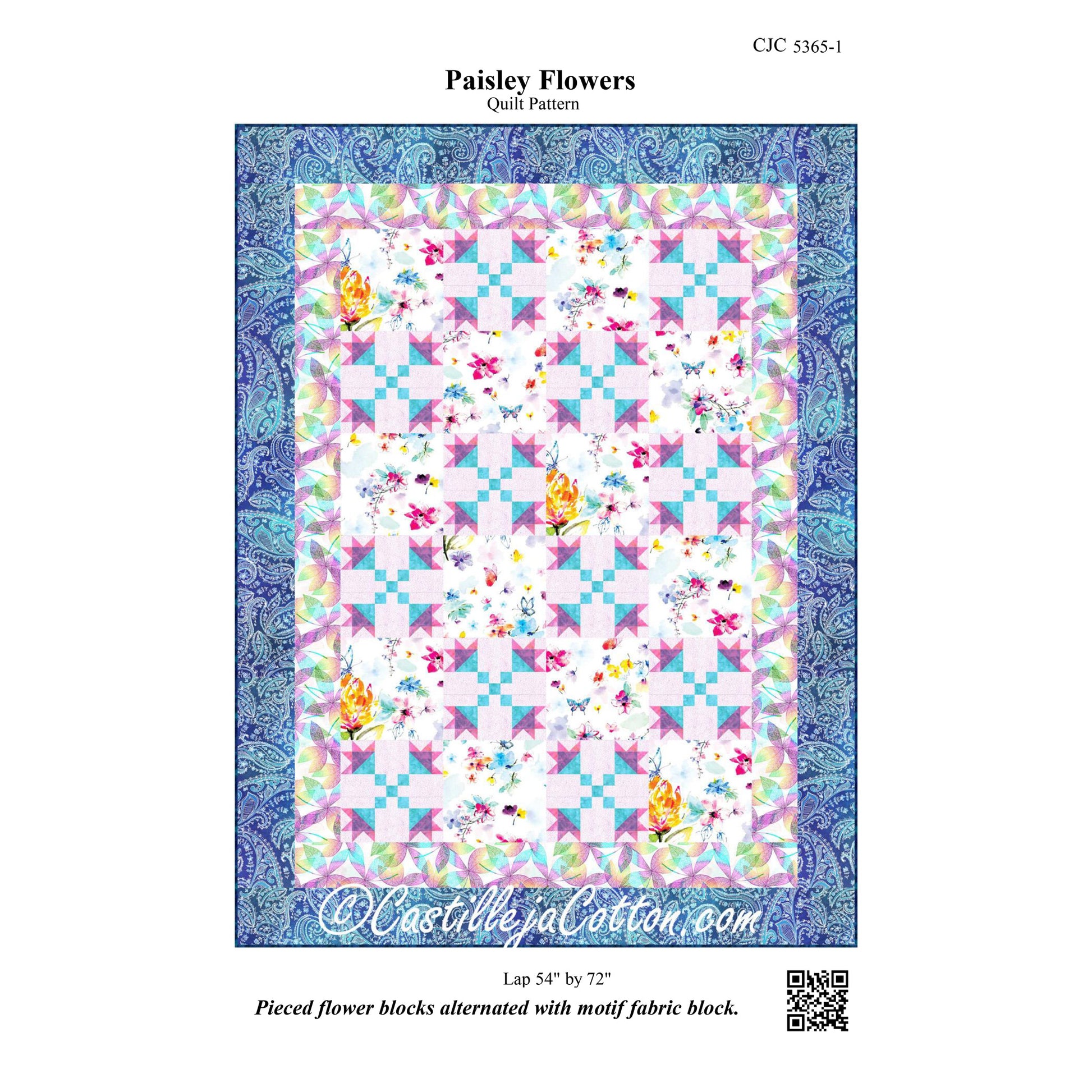 Quilt pattern with paisley flowers design on a blue border, featuring the brand 'Castilleja Cotton'.