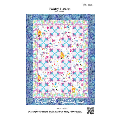 Quilt pattern with paisley flowers design on a blue border, featuring the brand 'Castilleja Cotton'.