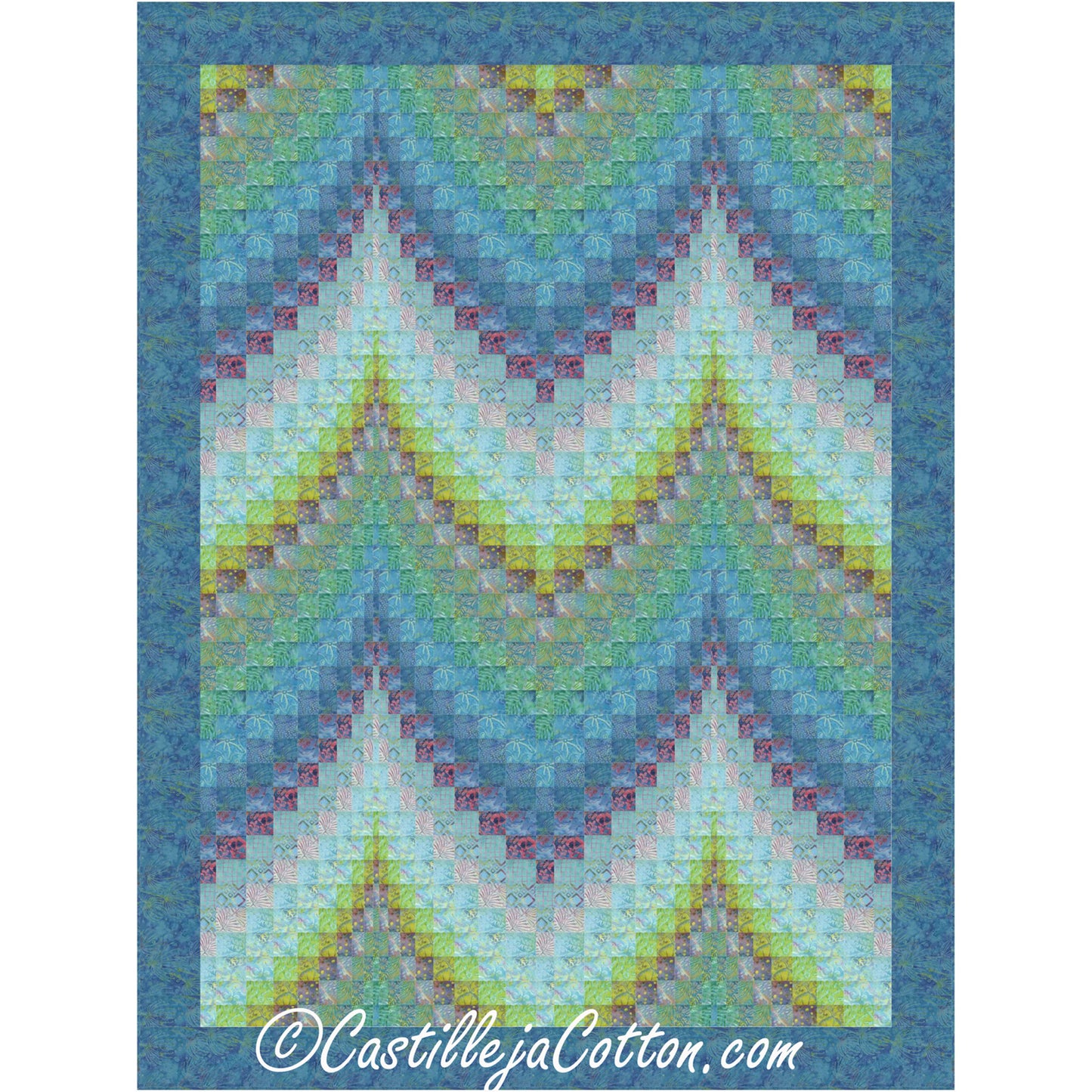 Colorful geometric bargello patterned quilt with a blue border.