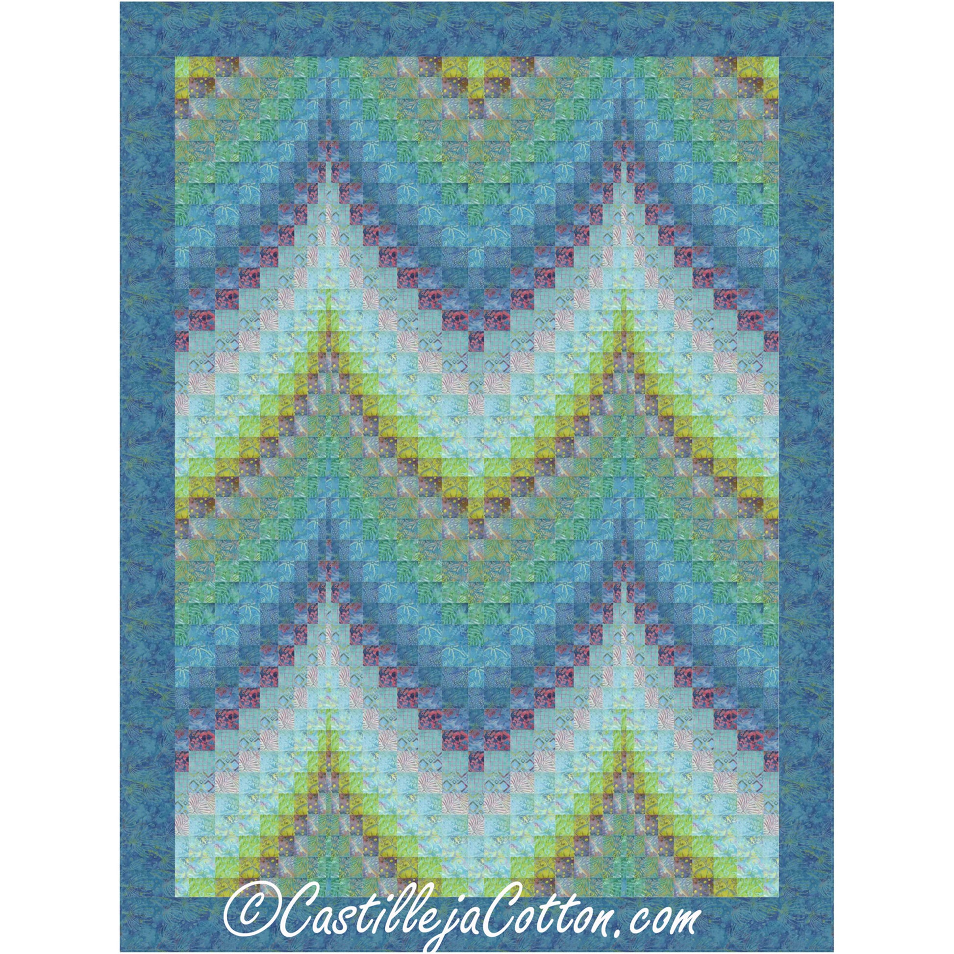 Colorful geometric bargello patterned quilt with a blue border.
