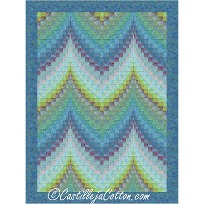 Colorful geometric bargello patterned quilt with a blue border.