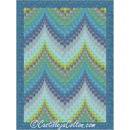 Colorful geometric bargello patterned quilt with a blue border.