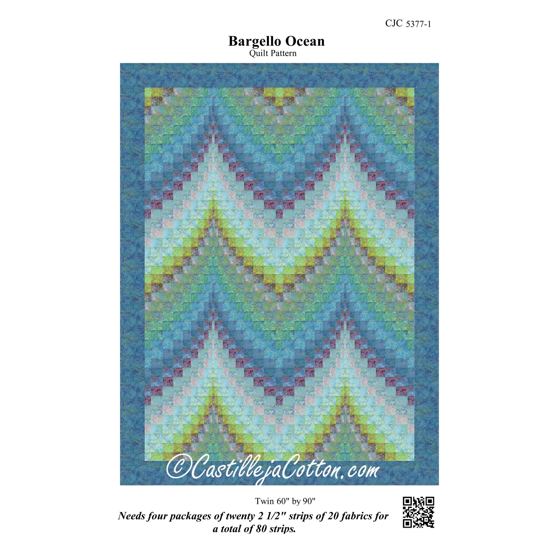 Bargello Ocean quilt pattern with a bargello design on a blue background, by Castilleja Cotton branding.
