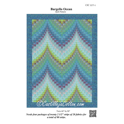 Bargello Ocean quilt pattern with a bargello design on a blue background, by Castilleja Cotton branding.