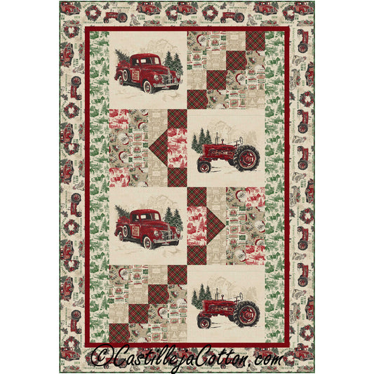 Christmasy quilt features blocks of trucks and trackers with snow and pine trees. The rest is pieced with Red, Green, and tan fabric with Christmas prints.