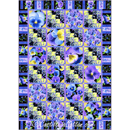 Quilt featuring floral snowball blocks alternating with 16 patch blocks. 