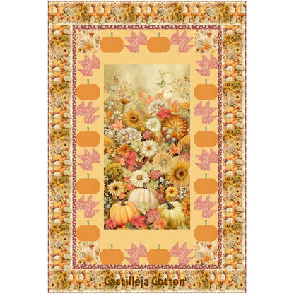 Whisper Pumpkins quilt showcases an autumn panel with a pieced border of pumpkins and leaves.