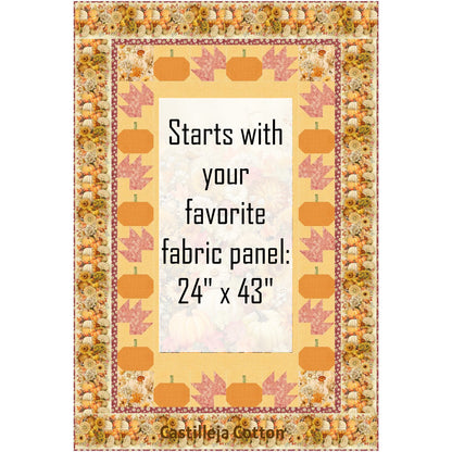 Whisper Pumpkins quilt showcases an autumn panel with a pieced border of pumpkins and leaves. This image shows a while patch where the panel would go in the middle of this quilt.  Panel measurements are 24-inches by 43-inches.