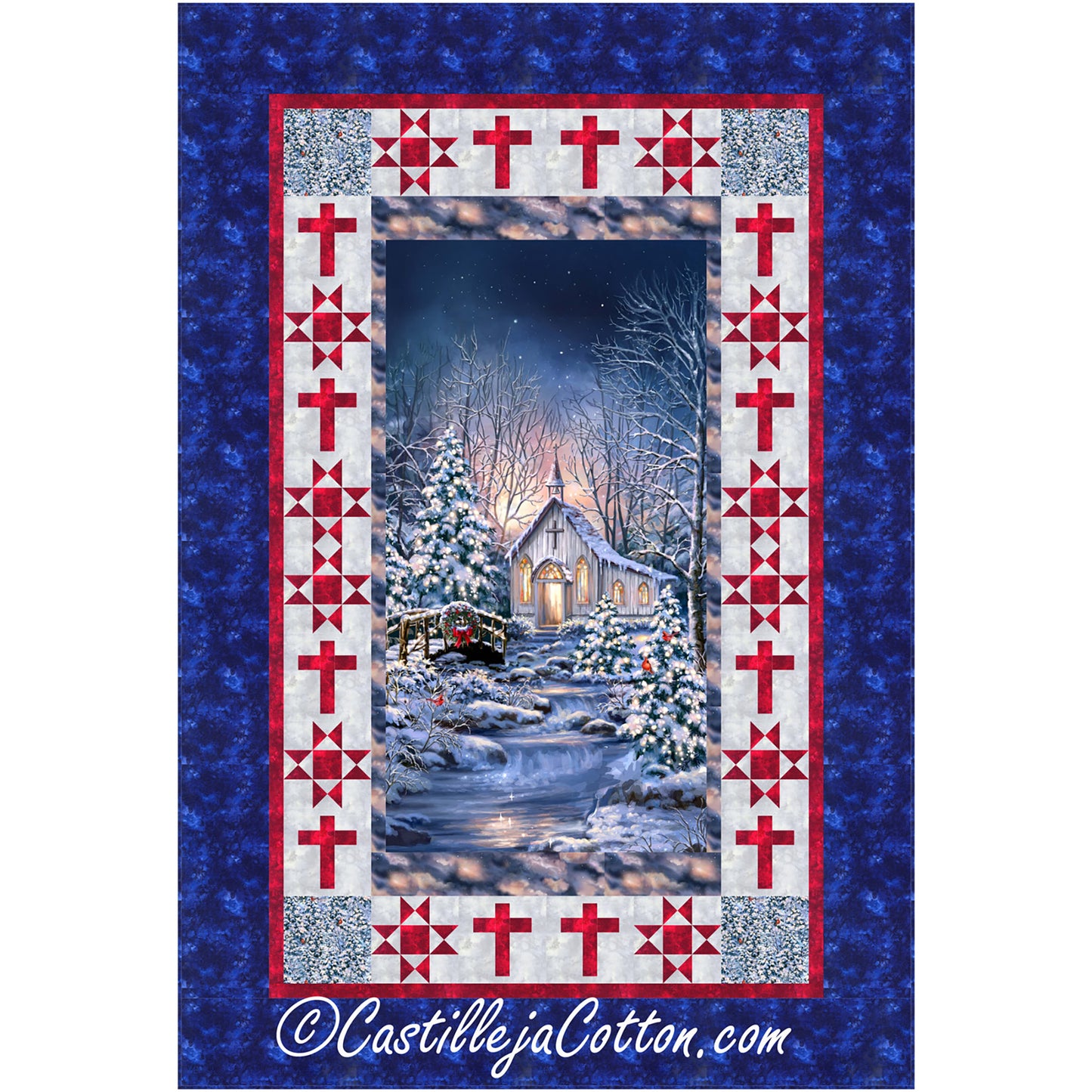 Church and Crosses quilt uses a church panel with pieced borders using a star block and a cross block. Sweet winter scene with a church in the middle panel.