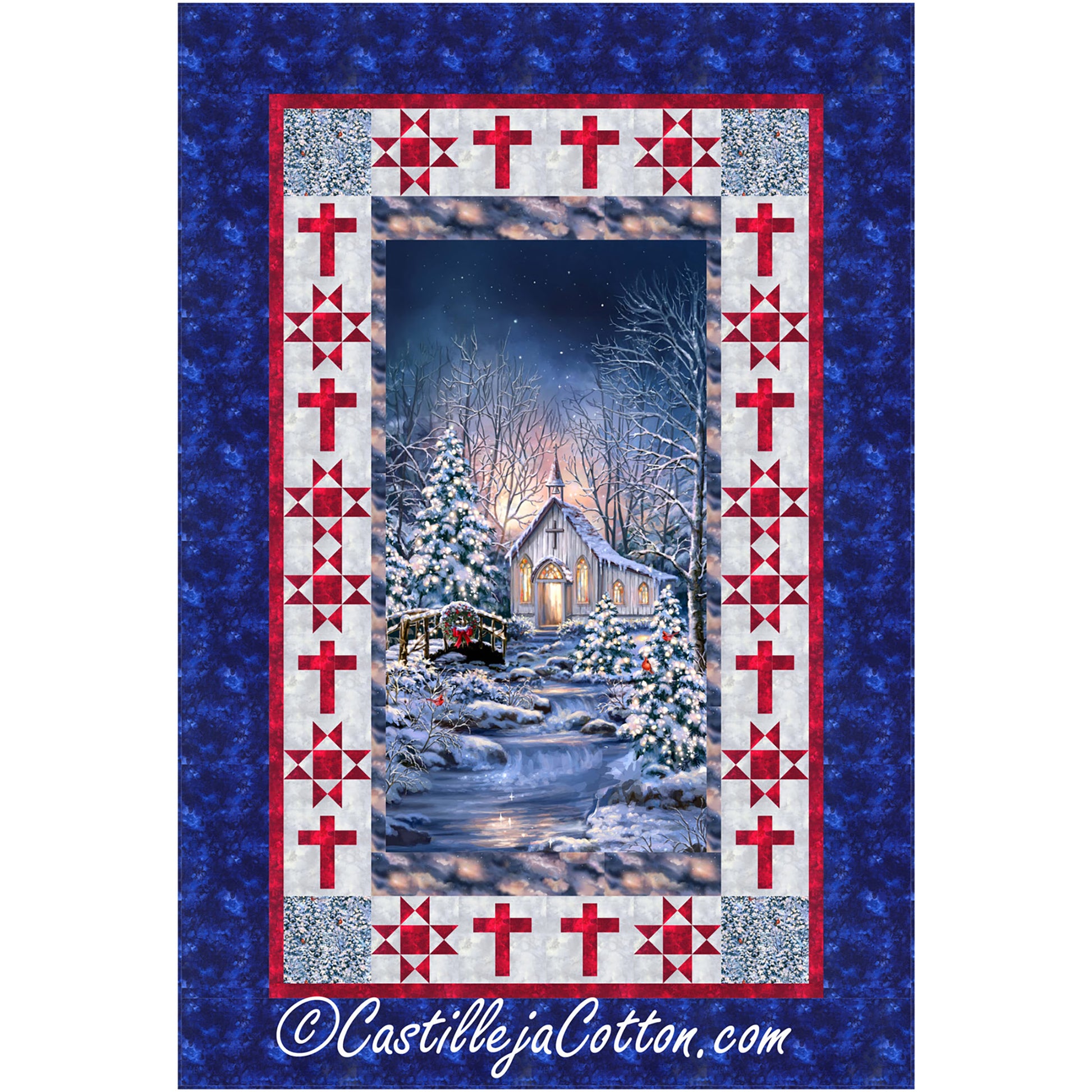 Church and Crosses quilt uses a church panel with pieced borders using a star block and a cross block. Sweet winter scene with a church in the middle panel.