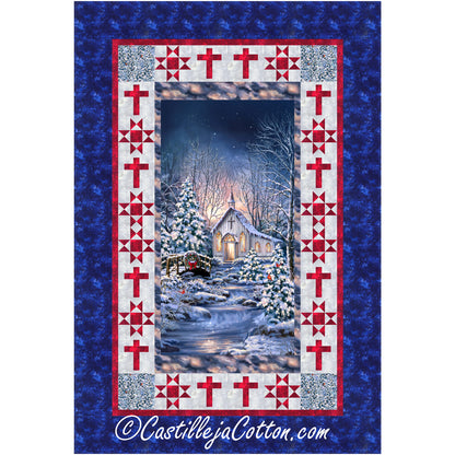 Church and Crosses quilt uses a church panel with pieced borders using a star block and a cross block. Sweet winter scene with a church in the middle panel.