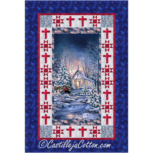 Church and Crosses quilt uses a church panel with pieced borders using a star block and a cross block. Sweet winter scene with a church in the middle panel.