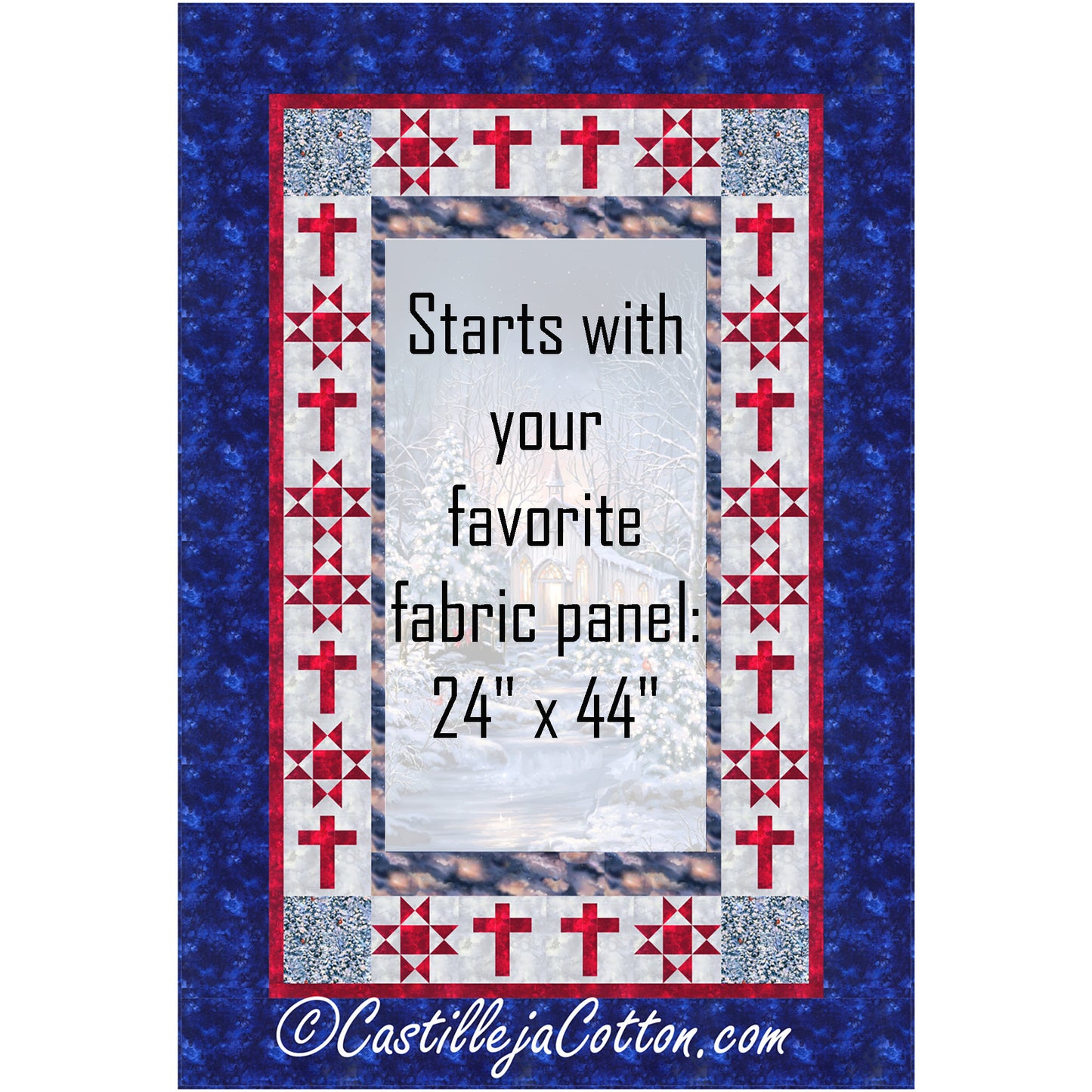 Church and Crosses quilt uses a church panel with pieced borders using a star block and a cross block. Middle panel is blocked out so you can see where it would go.