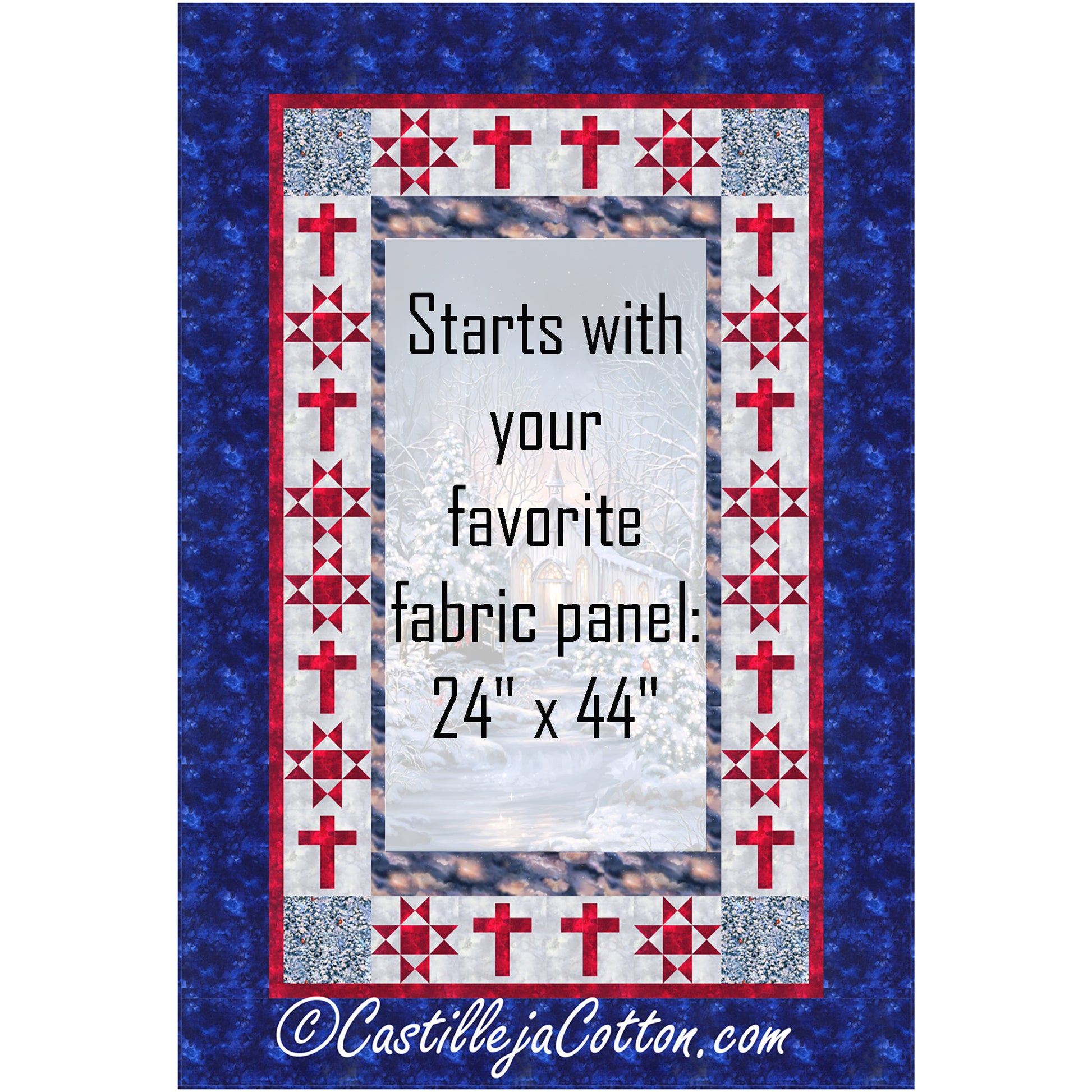Church and Crosses quilt uses a church panel with pieced borders using a star block and a cross block. Middle panel is blocked out so you can see where it would go.