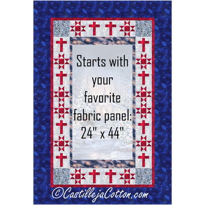Church and Crosses quilt uses a church panel with pieced borders using a star block and a cross block. Middle panel is blocked out so you can see where it would go.