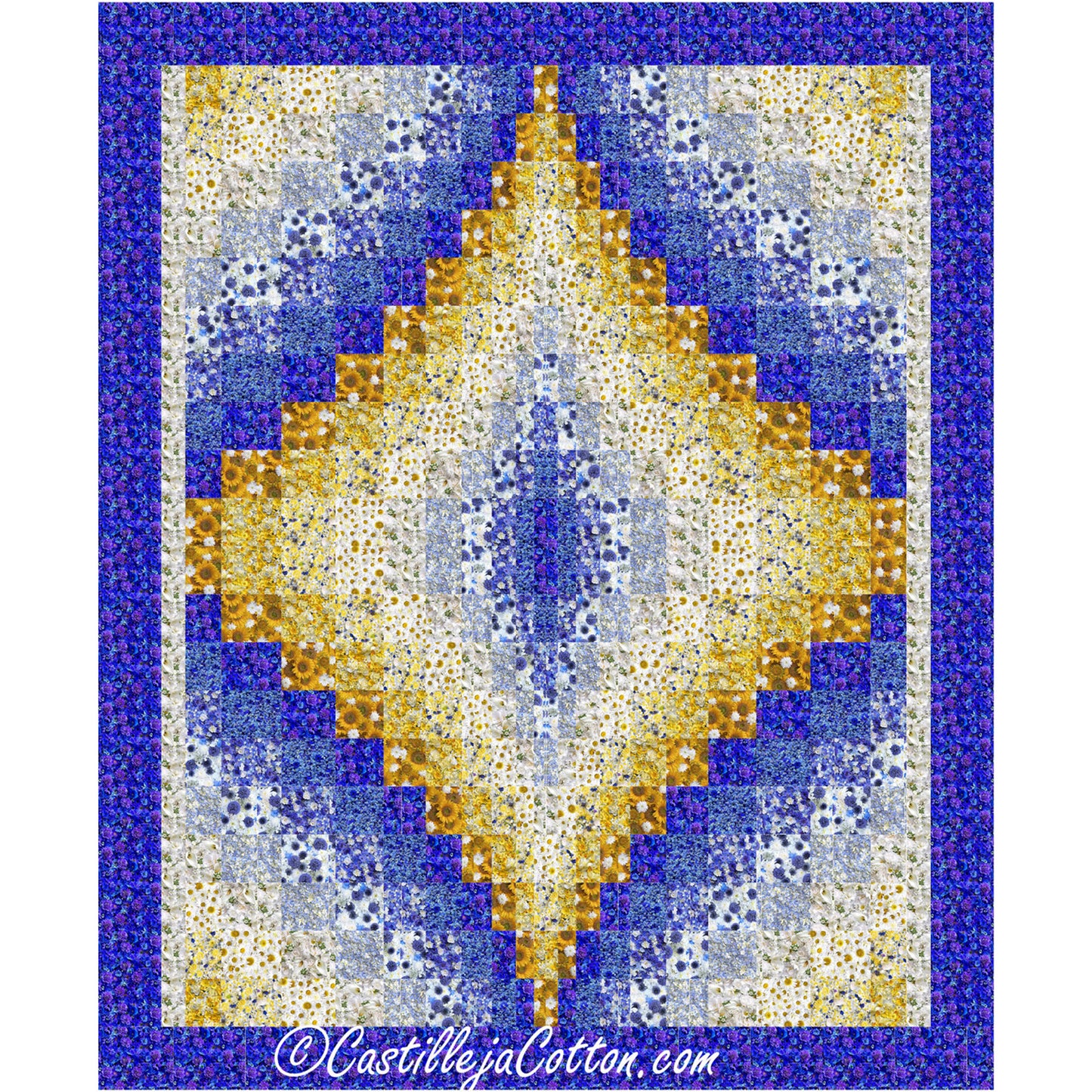 A beautiful blue and yellow bargello quilt with a striking diamond pattern, adding warmth and style to any space.