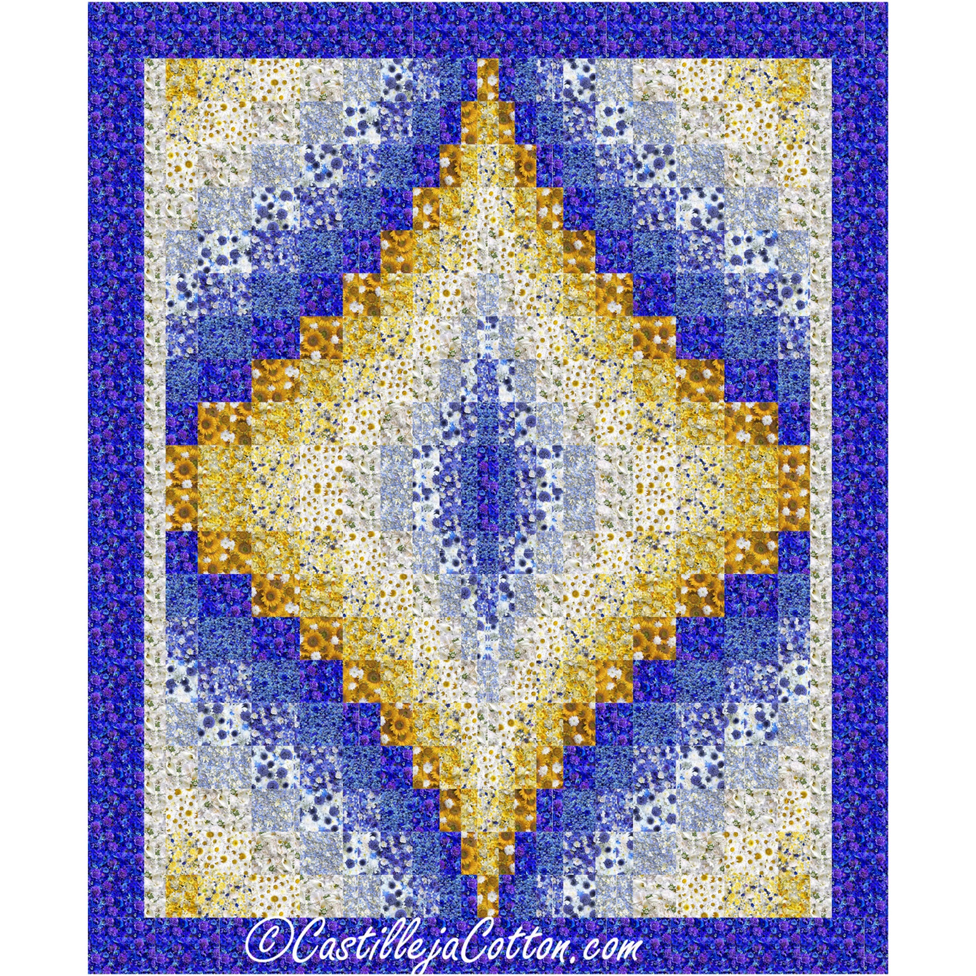 A beautiful blue and yellow bargello quilt with a striking diamond pattern, adding warmth and style to any space.