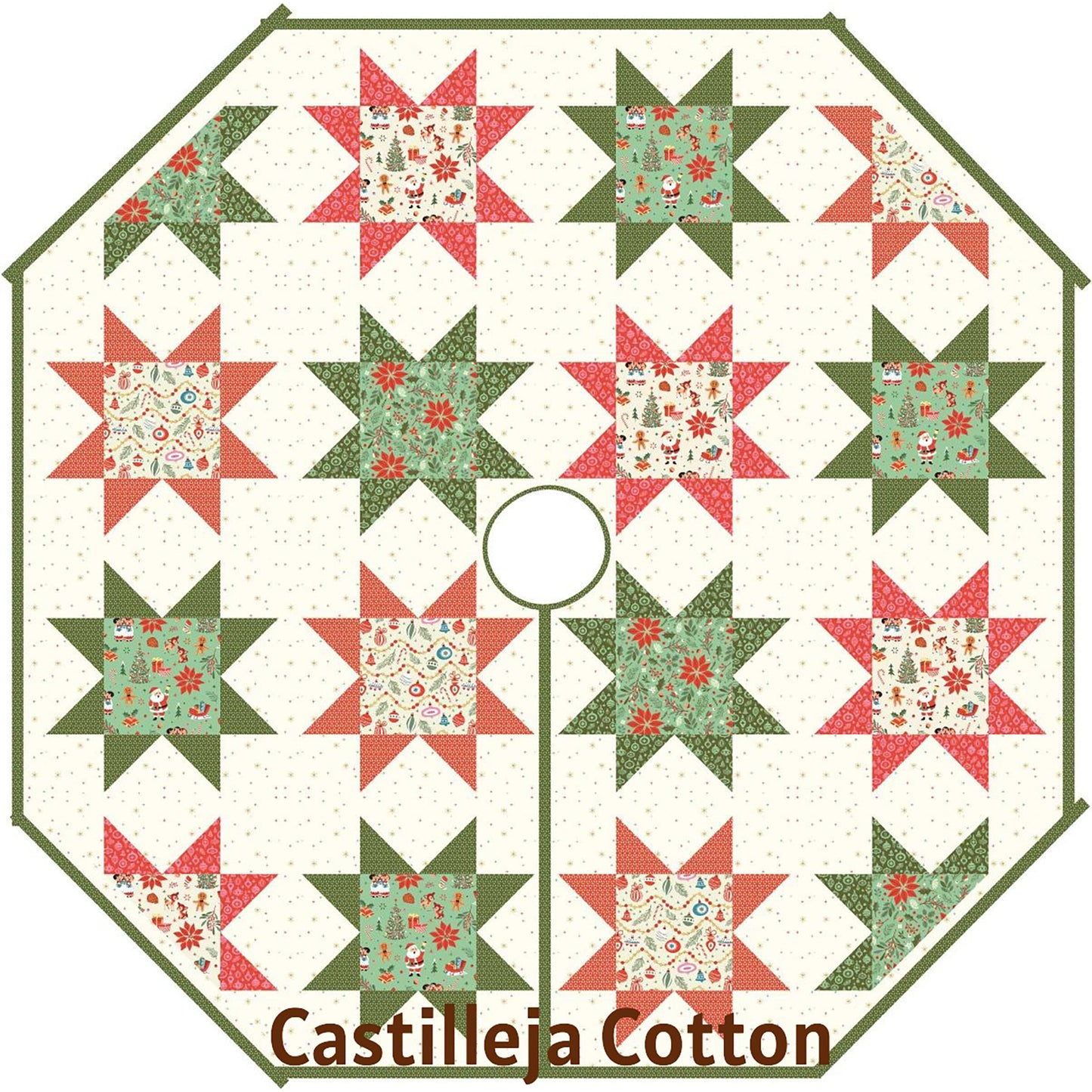 Lovely octagon tree skirt showcases holiday fabric inside Ohio Star blocks. 