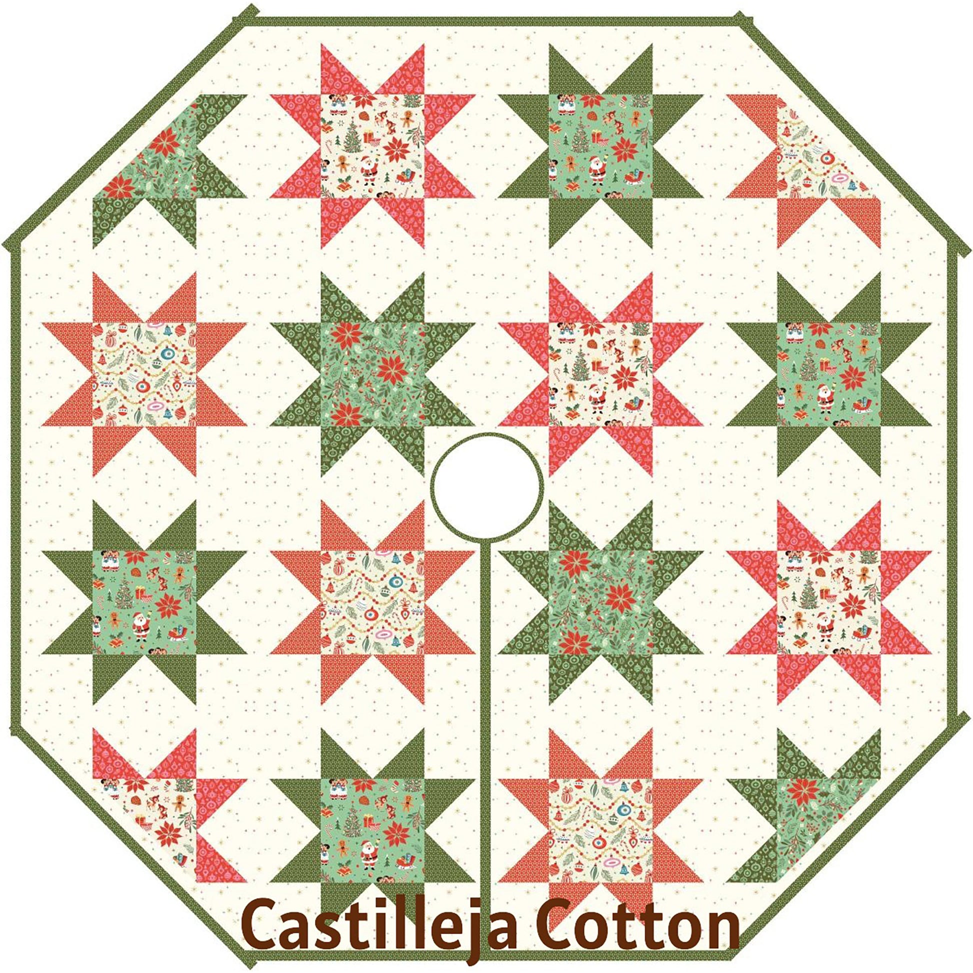 Lovely octagon tree skirt showcases holiday fabric inside Ohio Star blocks. 