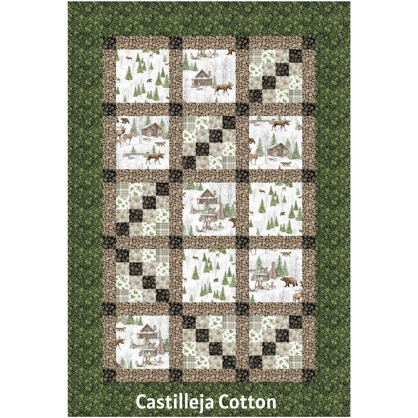 Woodland Animals quilt features animal motif blocks with a 16 patch block in a side-ways L shape.