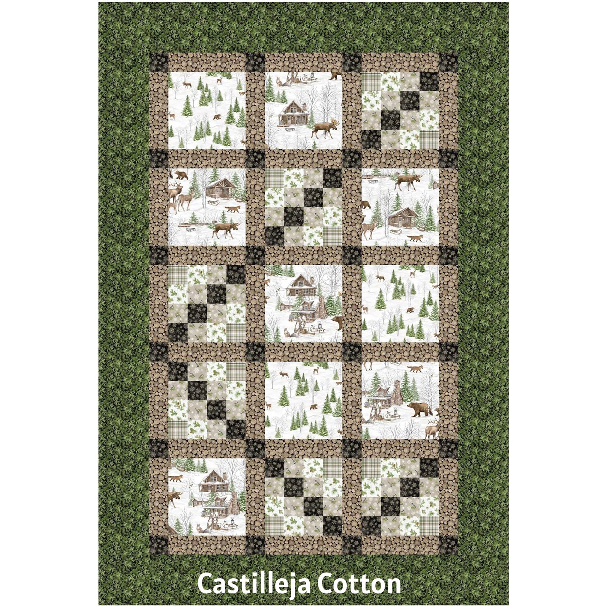 Woodland Animals quilt features animal motif blocks with a 16 patch block in a side-ways L shape.