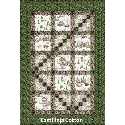 Woodland Animals quilt features animal motif blocks with a 16 patch block in a side-ways L shape.