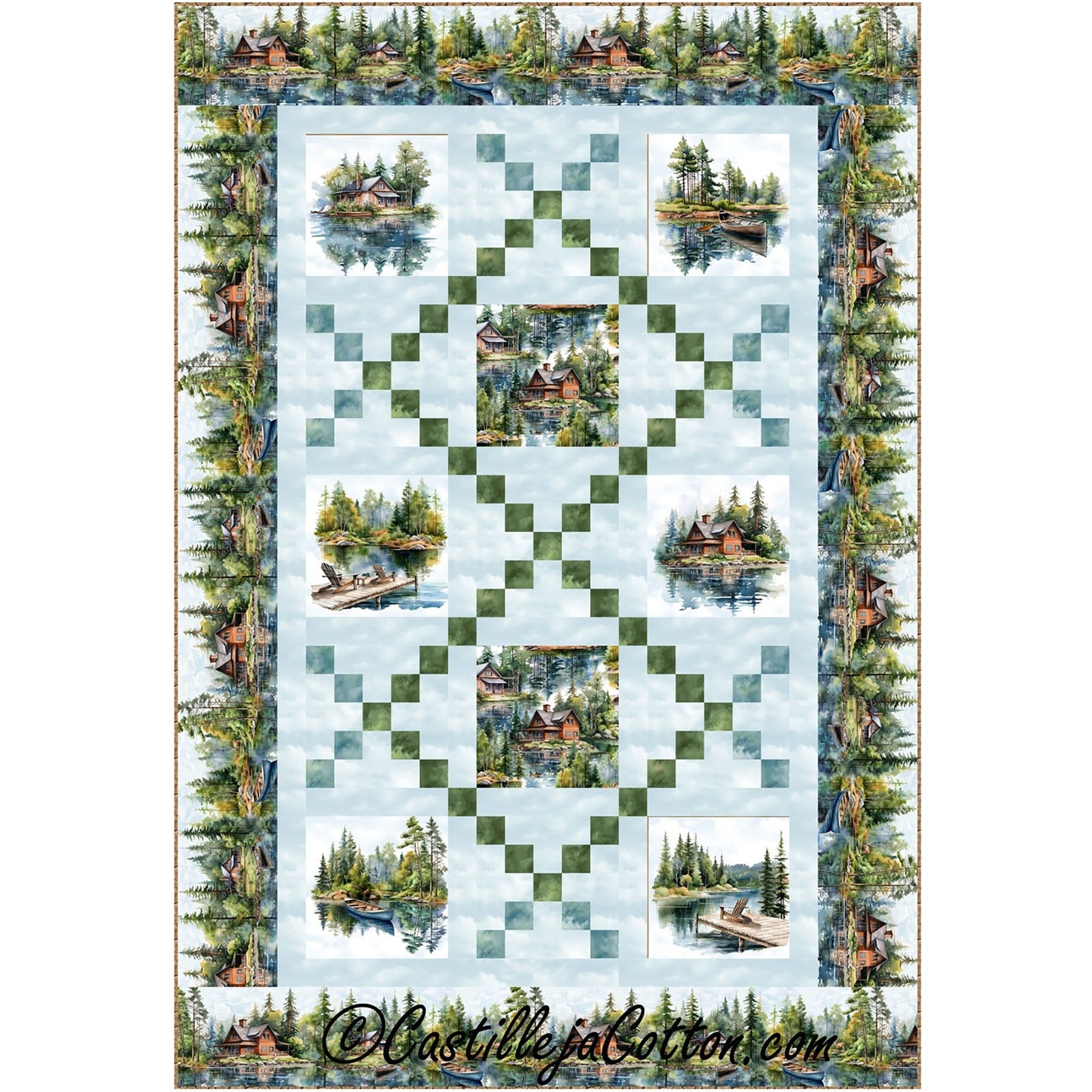 Lakeside Cabins quilt features cabin fabrics and simple chained blocks. 