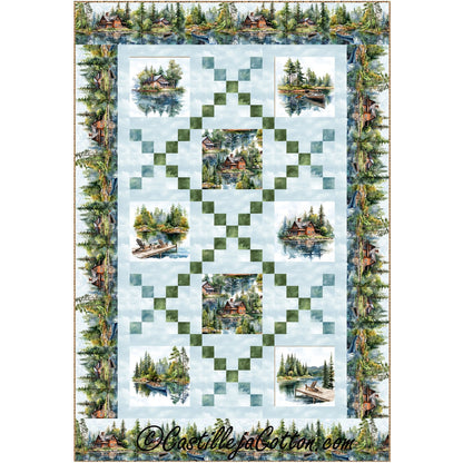Lakeside Cabins quilt features cabin fabrics and simple chained blocks. 