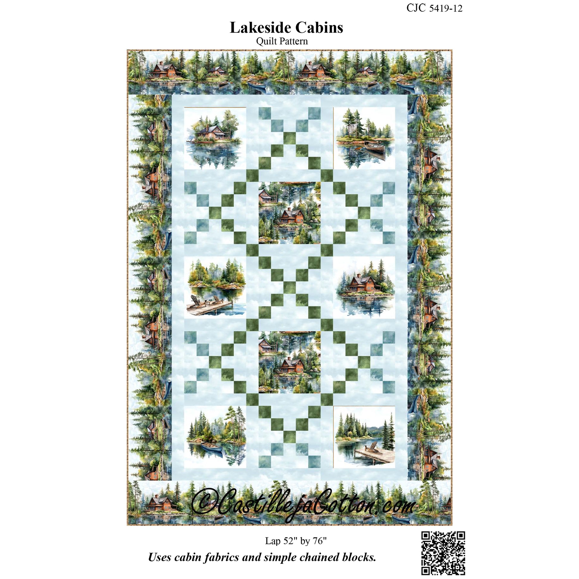 Cover image of pattern for Lakeside Cabins quilt.