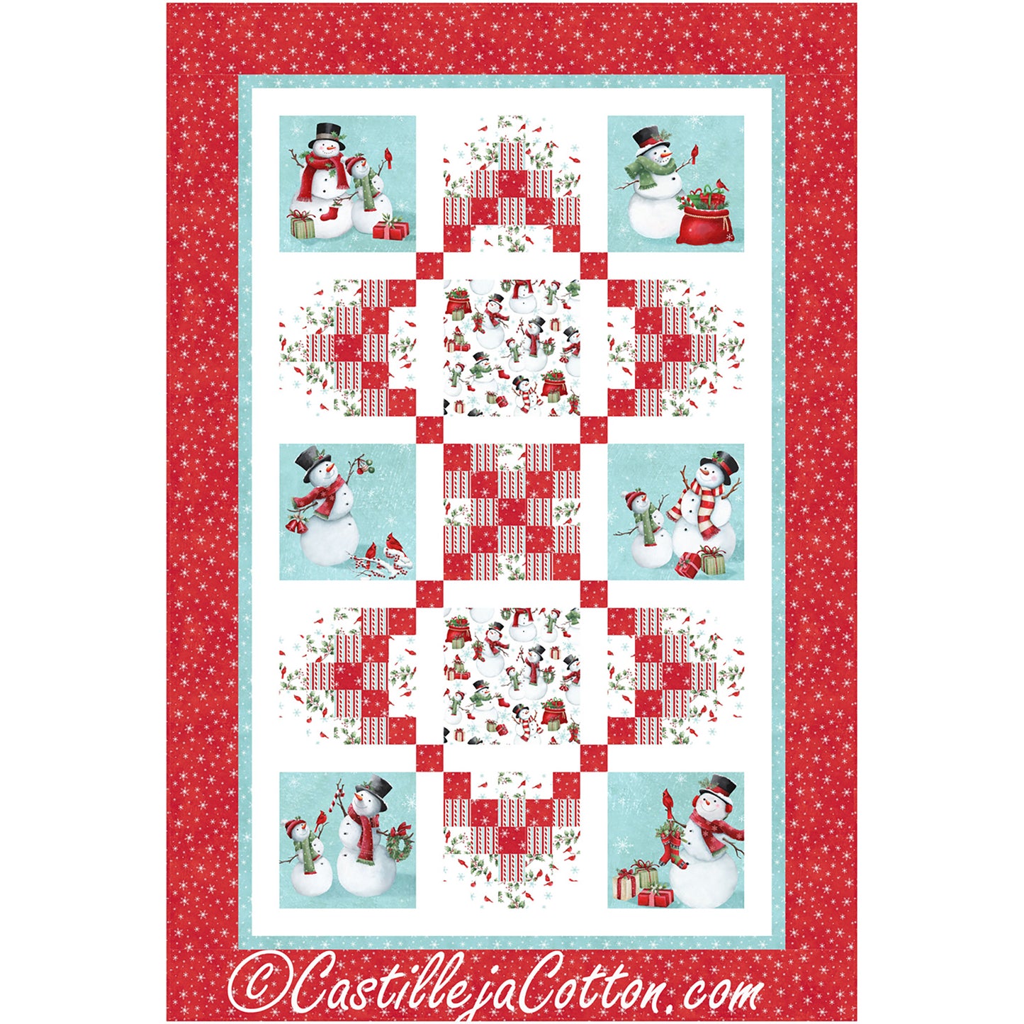 Snow Folk Chains quilt uses a snow folk panel and simple chained blocks.