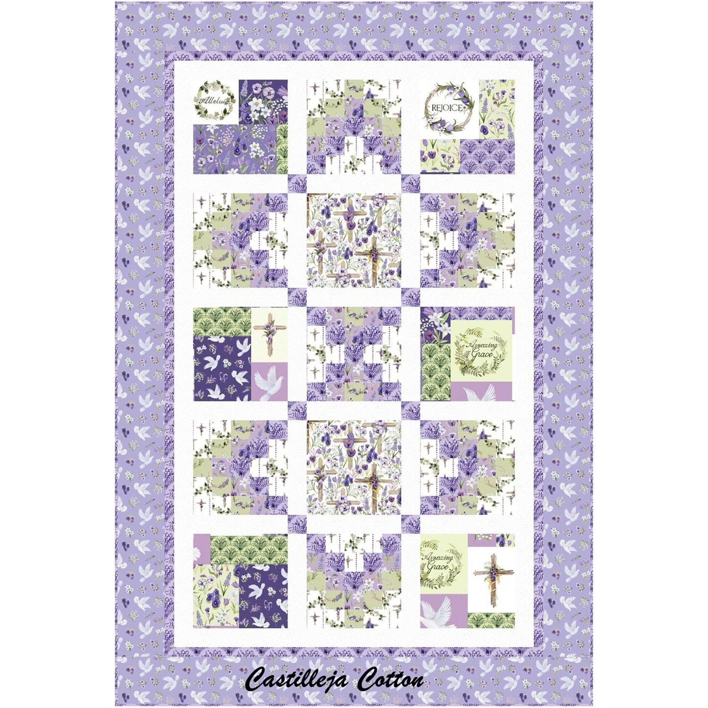 Blessings Chains quilt uses pre-printed blocks with religious themes and simple chained pieced blocks.