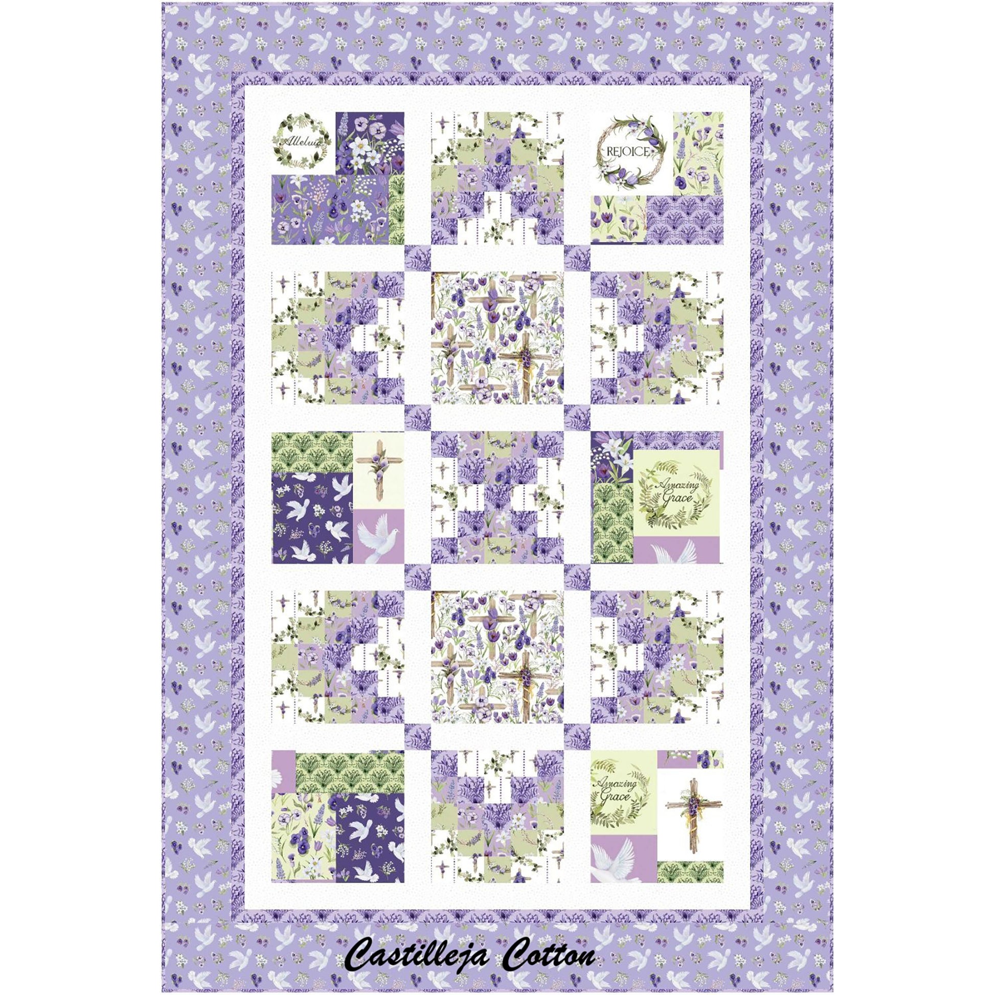 Blessings Chains quilt uses pre-printed blocks with religious themes and simple chained pieced blocks.