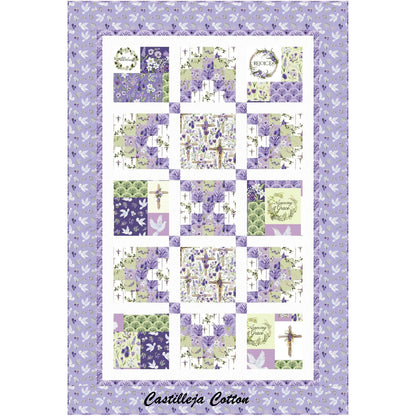 Blessings Chains quilt uses pre-printed blocks with religious themes and simple chained pieced blocks.