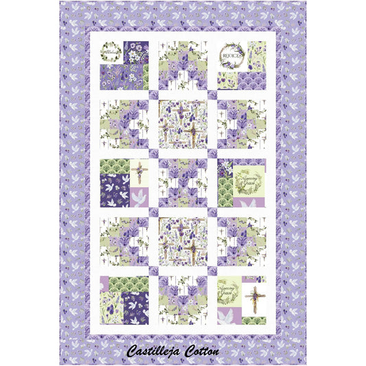 Blessings Chains quilt uses pre-printed blocks with religious themes and simple chained pieced blocks.