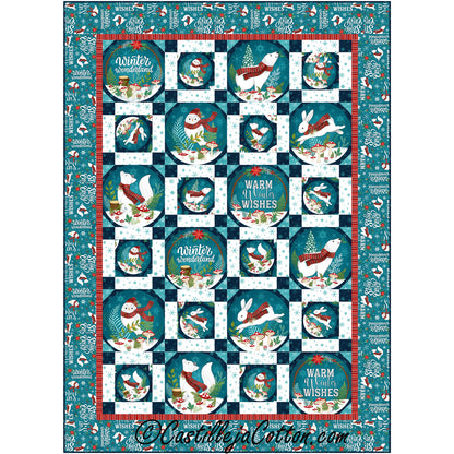 A festive Christmas-themed quilt featuring adorable white animals with red scarves in circles turned into blocks.