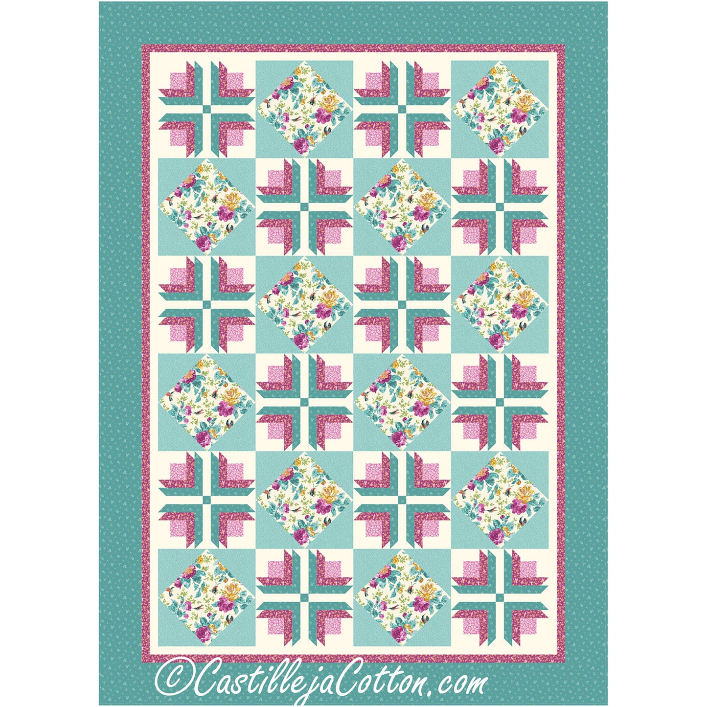 Beautiful quilt features alternating blocks which include four flowers in a square pattern and diamonds all in floral prints. Light green, pink and yellow with white background for flower blocks and borders of thin pink and then wider green that matches rest of green.