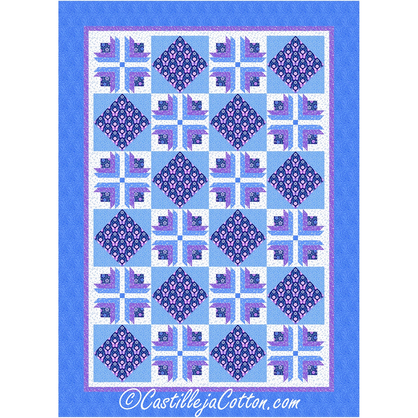Dawning Spring Flowers quilt features log cabin flower blocks with alternating on point blocks. Shown in blue and purple fabric.
