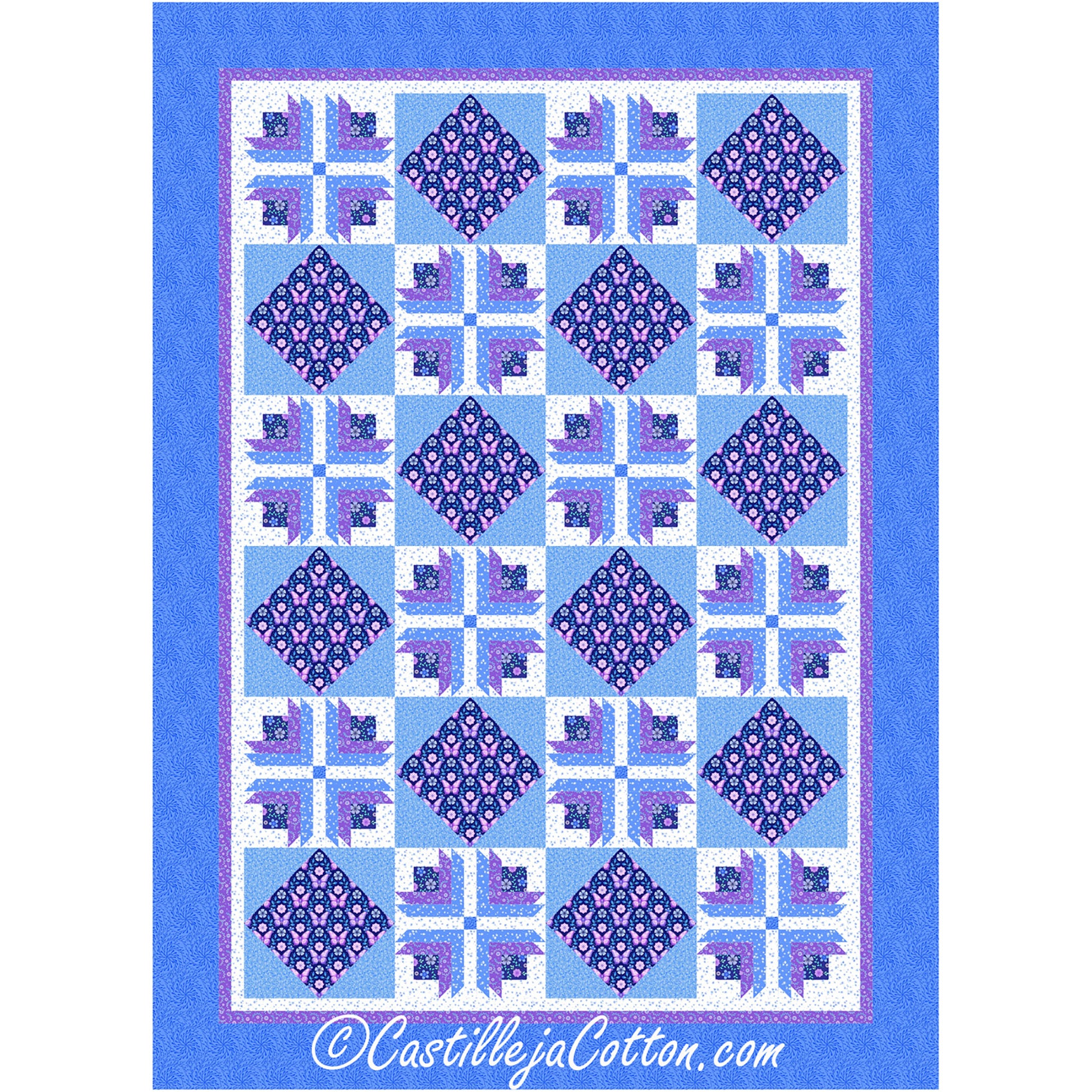 Dawning Spring Flowers quilt features log cabin flower blocks with alternating on point blocks. Shown in blue and purple fabric.
