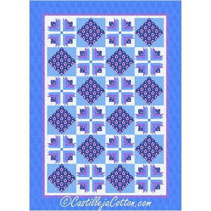 Dawning Spring Flowers quilt features log cabin flower blocks with alternating on point blocks. Shown in blue and purple fabric.