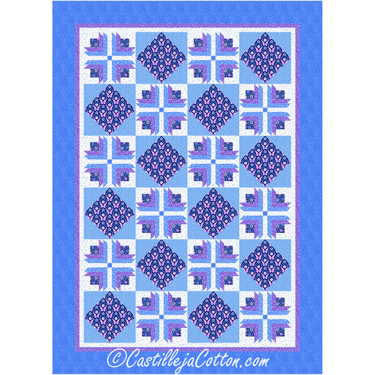 Dawning Spring Flowers quilt features log cabin flower blocks with alternating on point blocks. Shown in blue and purple fabric.