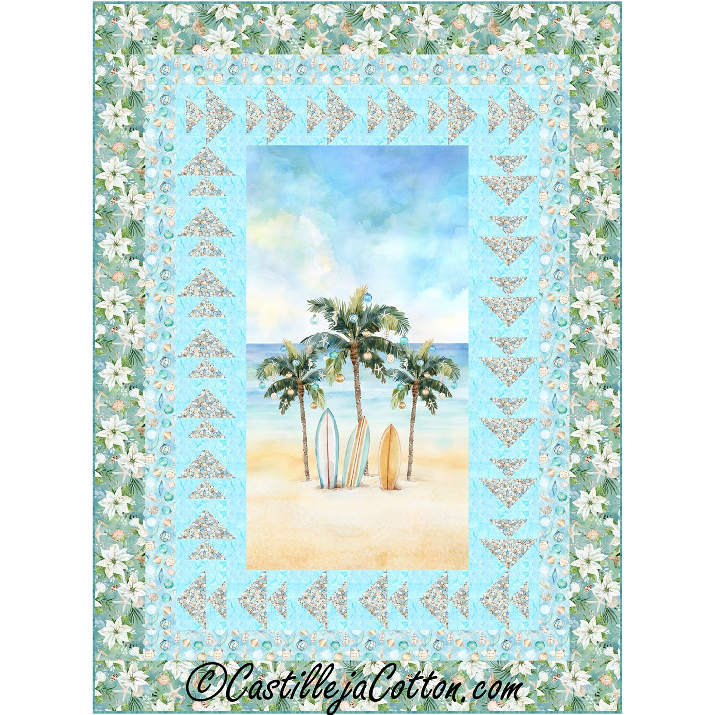 Seas Greeting quilt features a palm tree panel with a Christmas theme with a pieced fish border, which used pebble fabric.